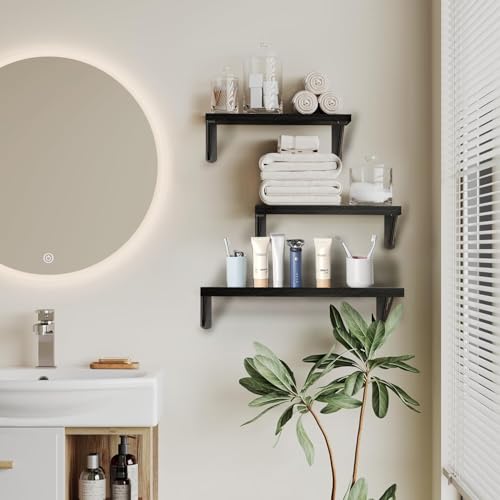 ZVZM Wandregal Holz Schwarz, 3 Stück Wandregal Küche Schweberegal, Wand Regale Holz, Regalbrett für Wohnzimmer, Schlafzimmer Oder Büro.