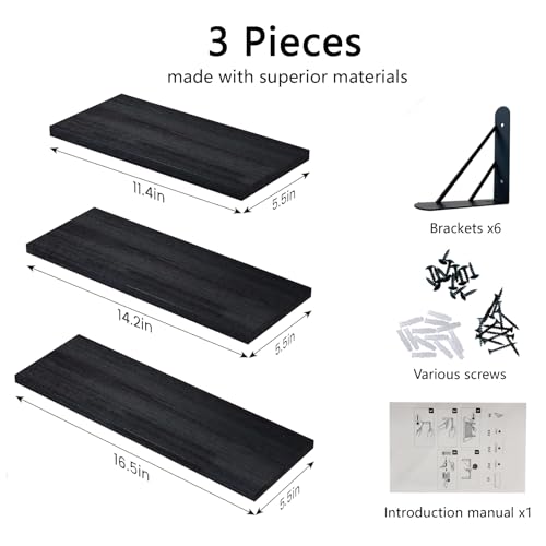 ZVZM Wandregal Holz Schwarz, 3 Stück Wandregal Küche Schweberegal, Wand Regale Holz, Regalbrett für Wohnzimmer, Schlafzimmer Oder Büro.