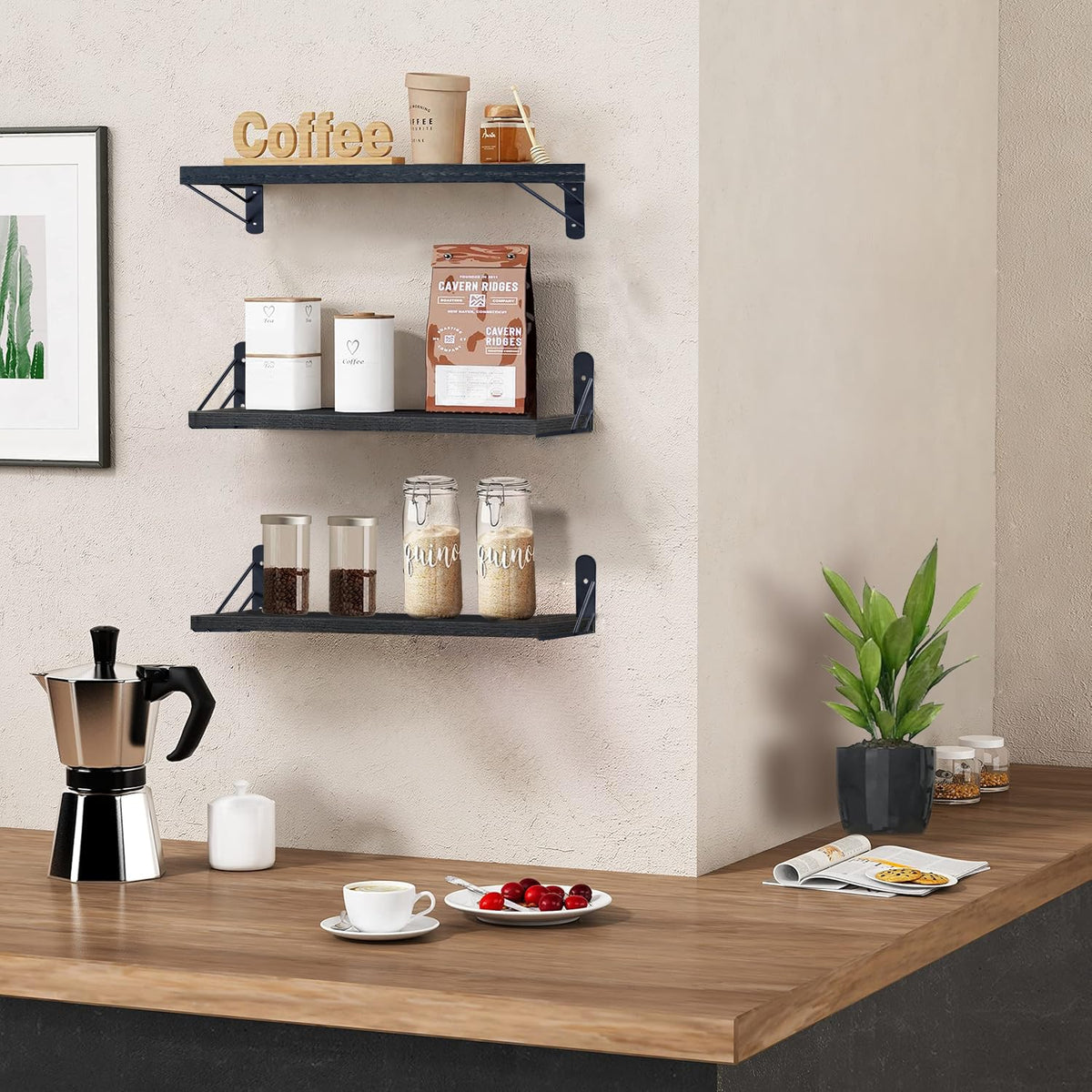 ZVZM Wandregal Holz Schwarz, 3 Stück Wandregal Küche Schweberegal, Wand Regale Holz, Regalbrett für Wohnzimmer, Schlafzimmer Oder Büro.