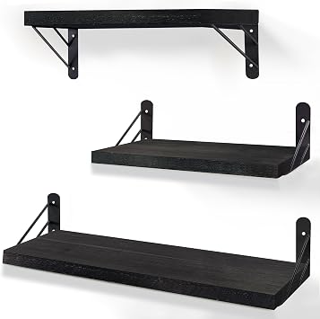 ZVZM Wandregal Holz Schwarz, 3 Stück Wandregal Küche Schweberegal, Wand Regale Holz, Regalbrett für Wohnzimmer, Schlafzimmer Oder Büro.