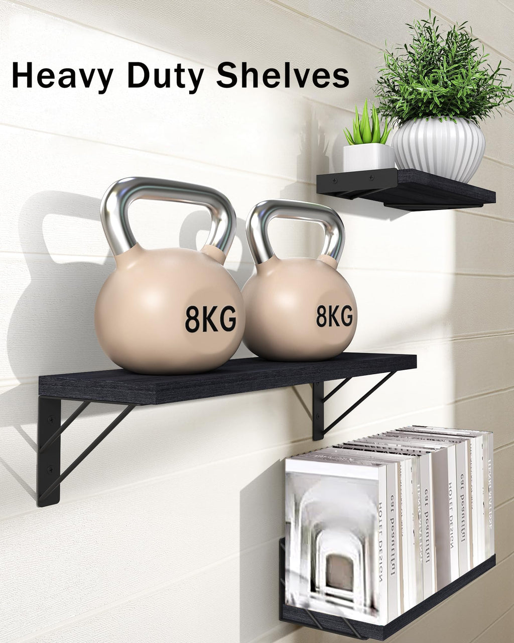 ZVZM Wandregal Holz Schwarz, 3 Stück Wandregal Küche Schweberegal, Wand Regale Holz, Regalbrett für Wohnzimmer, Schlafzimmer Oder Büro.