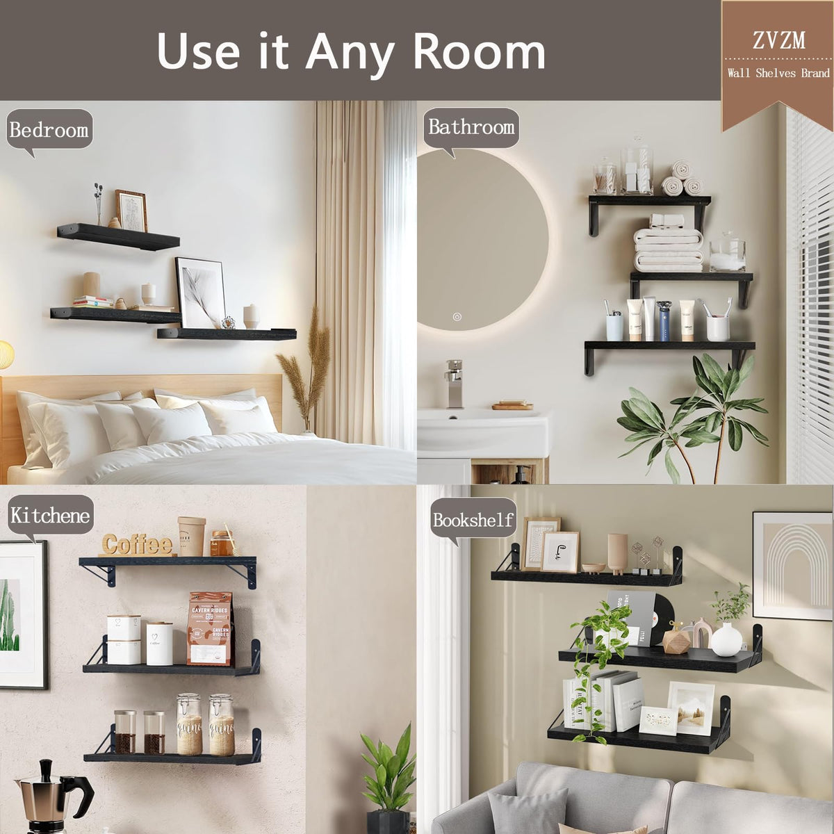 ZVZM Wandregal Holz Schwarz, 3 Stück Wandregal Küche Schweberegal, Wand Regale Holz, Regalbrett für Wohnzimmer, Schlafzimmer Oder Büro.
