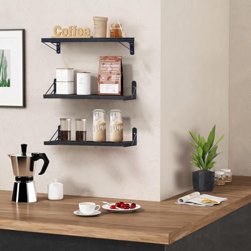 ZVZM Wandregal Holz Schwarz, 3 Stück Wandregal Küche Schweberegal, Wand Regale Holz, Regalbrett für Wohnzimmer, Schlafzimmer Oder Büro.