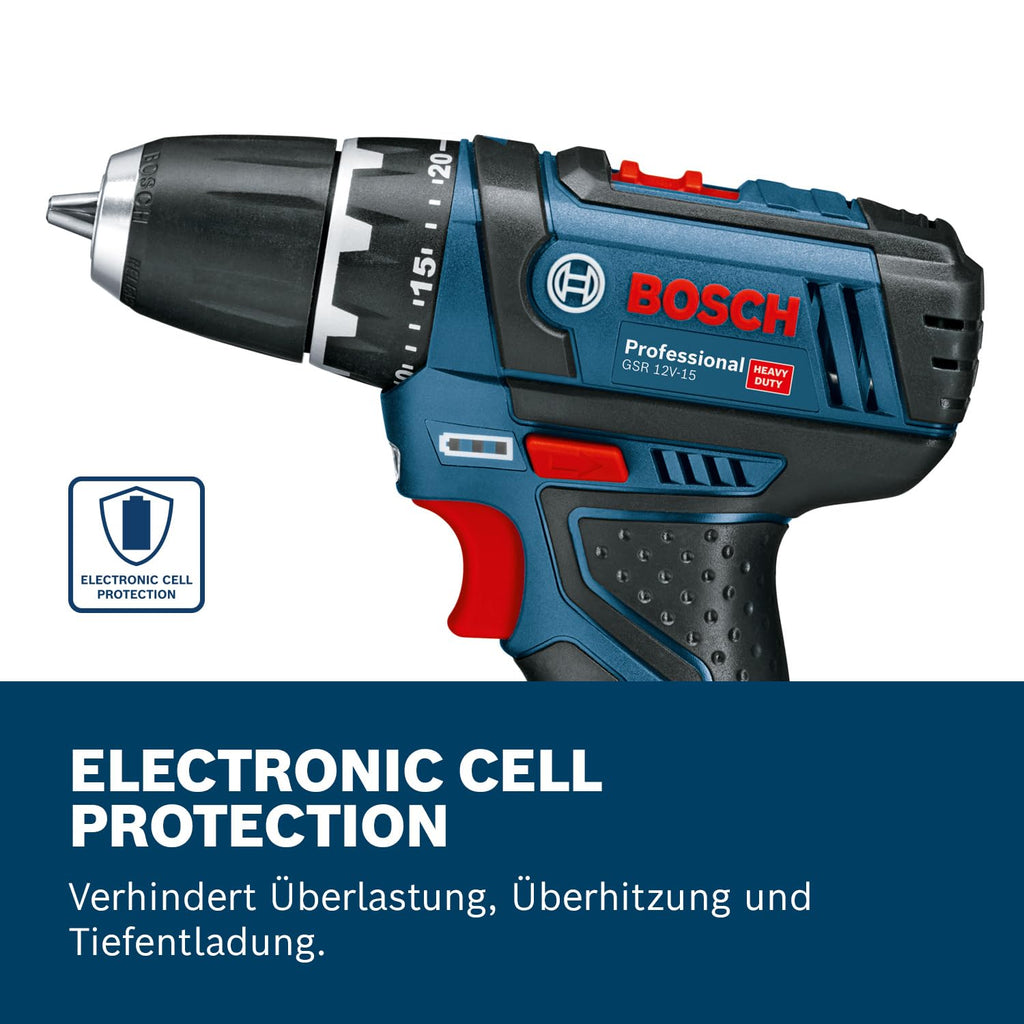 Bosch Professional 12V System Akku Bohrschrauber GSR 12V-15 (39 tlg. Zubehörset, 1x 2.0Ah Akku, 1x 4.0Ah Akku, Ladegerät, in Tasche), schwarz, blau, Size