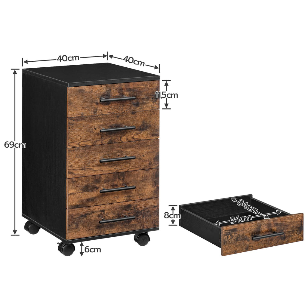 HOOBRO Aktenschrank, Rollcontainer mit 5 Schubladen, Holz Büroschrank, Kommode Aufbewahrungsschrank, Industrie Stil Einfache Montage Rustikal, Dunkelbraun und Schwarz EBF05WJ01G1