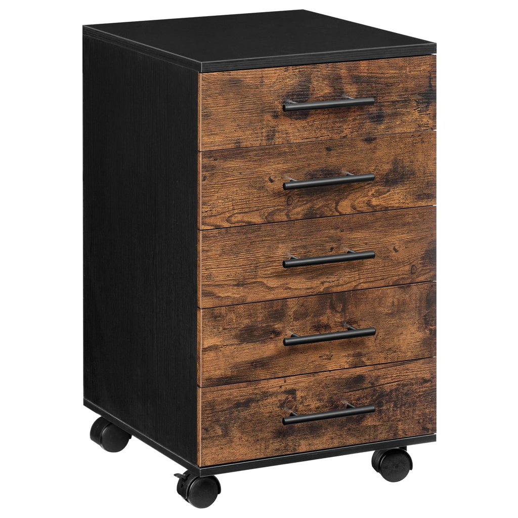 HOOBRO Aktenschrank, Rollcontainer mit 5 Schubladen, Holz Büroschrank, Kommode Aufbewahrungsschrank, Industrie Stil Einfache Montage Rustikal, Dunkelbraun und Schwarz EBF05WJ01G1