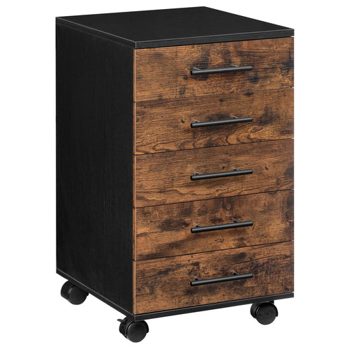 HOOBRO Aktenschrank, Rollcontainer mit 5 Schubladen, Holz Büroschrank, Kommode Aufbewahrungsschrank, Industrie Stil Einfache Montage Rustikal, Dunkelbraun und Schwarz EBF05WJ01G1
