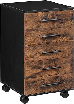 HOOBRO Aktenschrank, Rollcontainer mit 5 Schubladen, Holz Büroschrank, Kommode Aufbewahrungsschrank, Industrie Stil Einfache Montage Rustikal, Dunkelbraun und Schwarz EBF05WJ01G1
