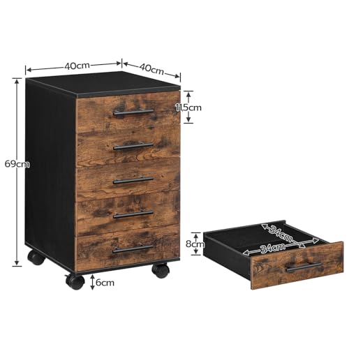 HOOBRO Aktenschrank, Rollcontainer mit 5 Schubladen, Holz Büroschrank, Kommode Aufbewahrungsschrank, Industrie Stil Einfache Montage Rustikal, Dunkelbraun und Schwarz EBF05WJ01G1