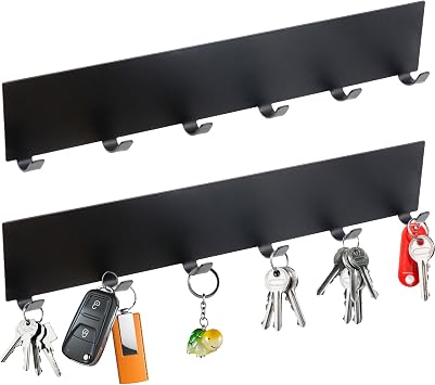 Scettar 2 Stück Schlüsselbrett mit 6 Haken,Schlüsselhalter Schwarz,Metall Selbstklebendes Schlüsselhaken Wandhaken,Schlüsselleiste ohne Bohren