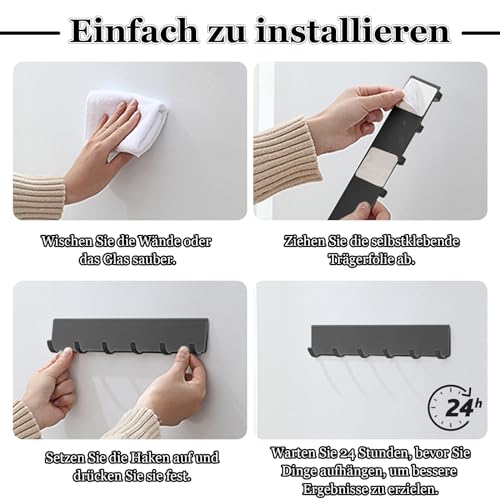 Scettar 2 Stück Schlüsselbrett mit 6 Haken,Schlüsselhalter Schwarz,Metall Selbstklebendes Schlüsselhaken Wandhaken,Schlüsselleiste ohne Bohren
