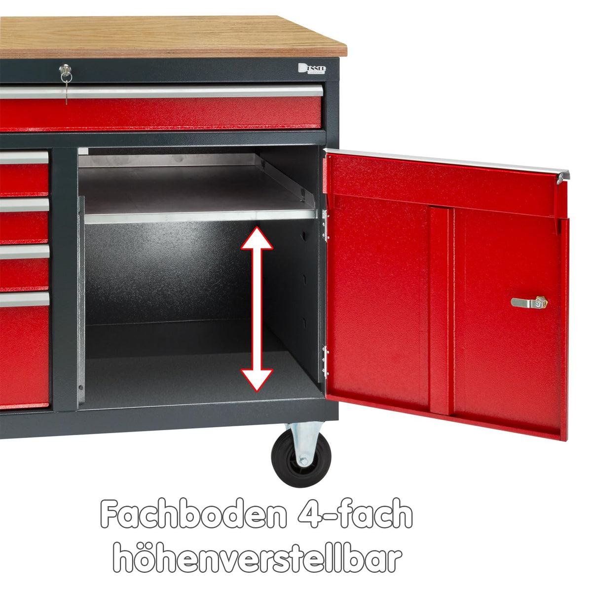 Mobile Werkbank Werktisch Transportwagen rot/anthrazit 5 Schubladen 1 Tür 120x60x93 cm