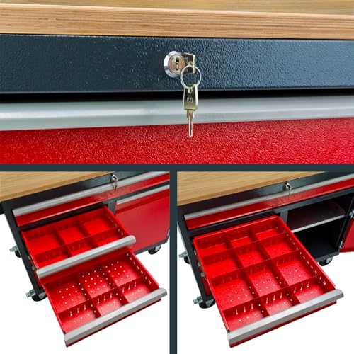 Mobile Werkbank Werktisch Transportwagen rot/anthrazit 5 Schubladen 1 Tür 120x60x93 cm