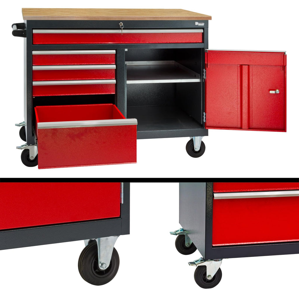 Mobile Werkbank Werktisch Transportwagen rot/anthrazit 5 Schubladen 1 Tür 120x60x93 cm