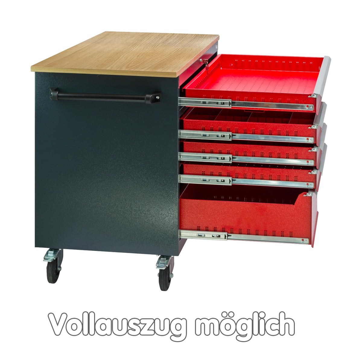 Mobile Werkbank Werktisch Transportwagen rot/anthrazit 5 Schubladen 1 Tür 120x60x93 cm