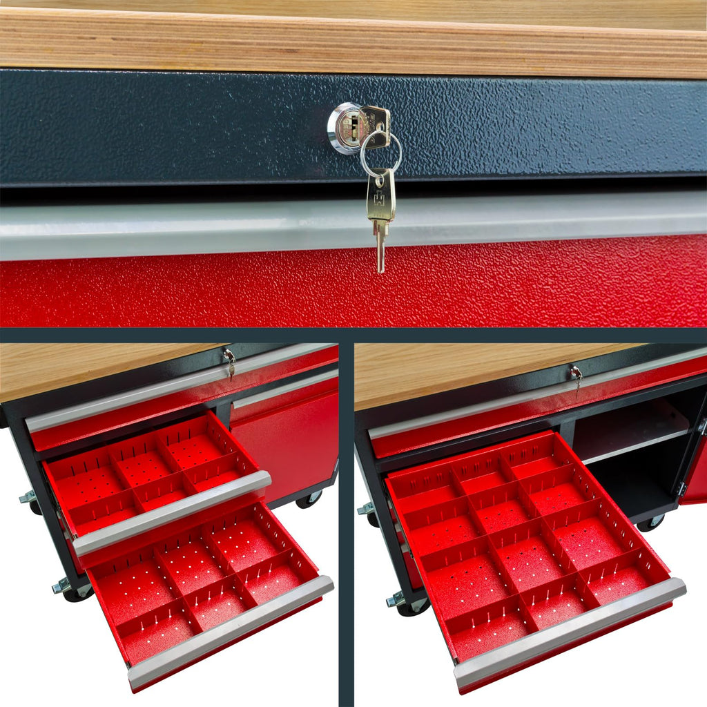 Mobile Werkbank Werktisch Transportwagen rot/anthrazit 5 Schubladen 1 Tür 120x60x93 cm