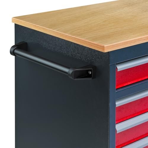 Mobile Werkbank Werktisch Transportwagen rot/anthrazit 5 Schubladen 1 Tür 120x60x93 cm