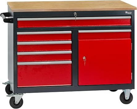 Mobile Werkbank Werktisch Transportwagen rot/anthrazit 5 Schubladen 1 Tür 120x60x93 cm