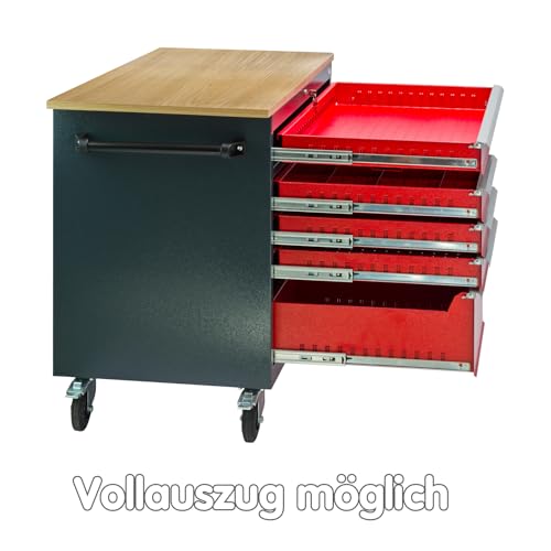 Mobile Werkbank Werktisch Transportwagen rot/anthrazit 5 Schubladen 1 Tür 120x60x93 cm