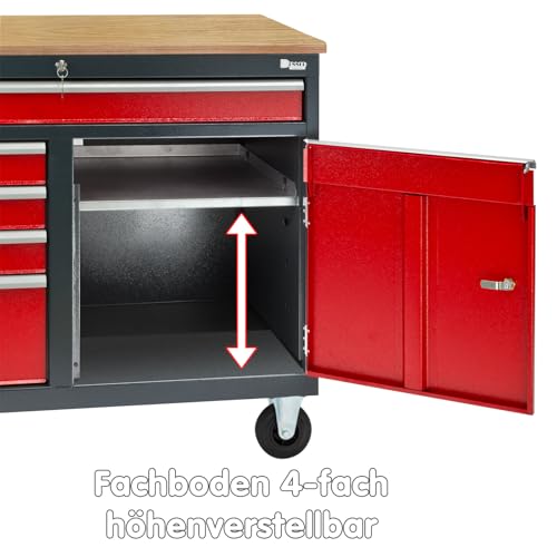 Mobile Werkbank Werktisch Transportwagen rot/anthrazit 5 Schubladen 1 Tür 120x60x93 cm