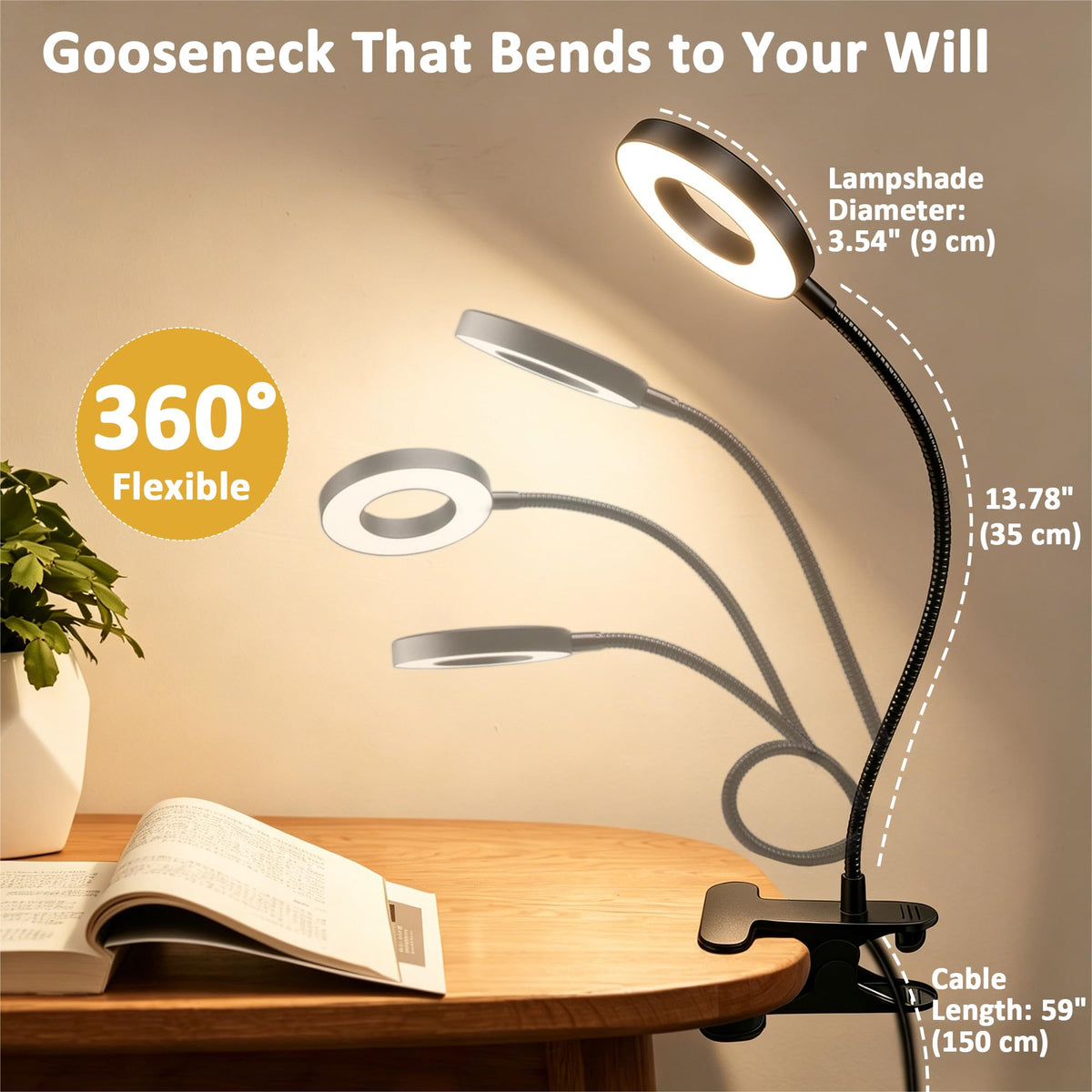 Akynite Klemmlampe Bett mit Timer, 2A Adapter enthalten, 5 Farbmodi 10 Helligkeit, LED Schwanenhals Lampe, Leselampe Bett Klemmbar, Bettlampe Klemme, Lampe USB Klemmleuchte Schwarz