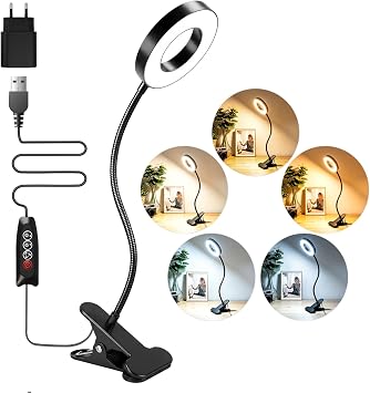 Akynite Klemmlampe Bett mit Timer, 2A Adapter enthalten, 5 Farbmodi 10 Helligkeit, LED Schwanenhals Lampe, Leselampe Bett Klemmbar, Bettlampe Klemme, Lampe USB Klemmleuchte Schwarz