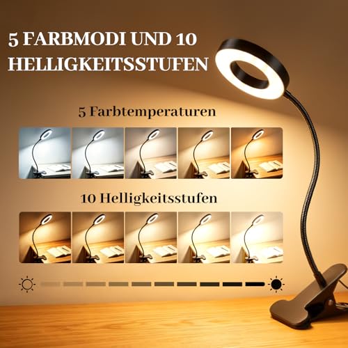 Akynite Klemmlampe Bett mit Timer, 2A Adapter enthalten, 5 Farbmodi 10 Helligkeit, LED Schwanenhals Lampe, Leselampe Bett Klemmbar, Bettlampe Klemme, Lampe USB Klemmleuchte Schwarz