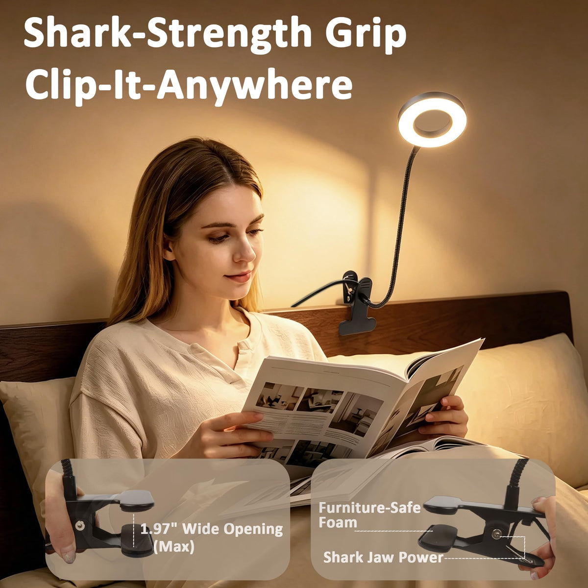 Akynite Klemmlampe Bett mit Timer, 2A Adapter enthalten, 5 Farbmodi 10 Helligkeit, LED Schwanenhals Lampe, Leselampe Bett Klemmbar, Bettlampe Klemme, Lampe USB Klemmleuchte Schwarz