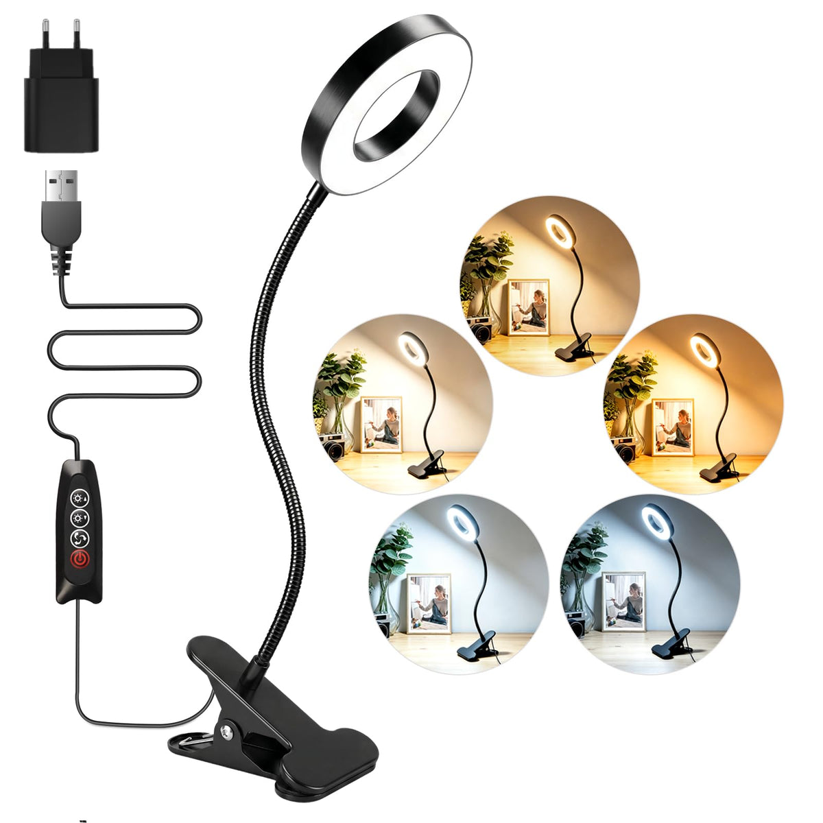 Akynite Klemmlampe Bett mit Timer, 2A Adapter enthalten, 5 Farbmodi 10 Helligkeit, LED Schwanenhals Lampe, Leselampe Bett Klemmbar, Bettlampe Klemme, Lampe USB Klemmleuchte Schwarz