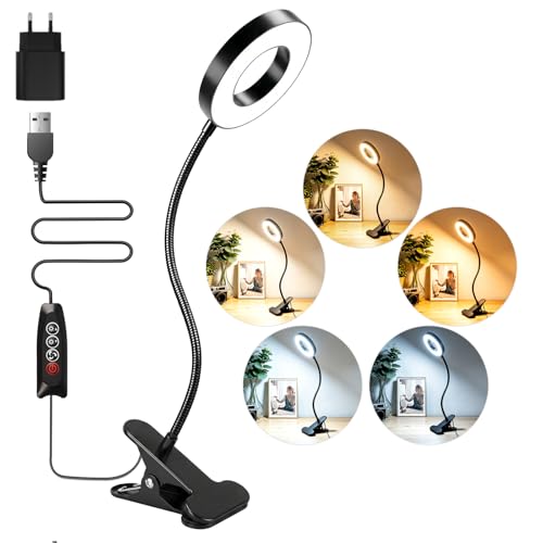 Akynite Klemmlampe Bett mit Timer, 2A Adapter enthalten, 5 Farbmodi 10 Helligkeit, LED Schwanenhals Lampe, Leselampe Bett Klemmbar, Bettlampe Klemme, Lampe USB Klemmleuchte Schwarz