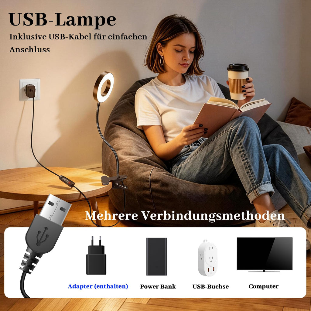 Akynite Klemmlampe Bett mit Timer, 2A Adapter enthalten, 5 Farbmodi 10 Helligkeit, LED Schwanenhals Lampe, Leselampe Bett Klemmbar, Bettlampe Klemme, Lampe USB Klemmleuchte Schwarz
