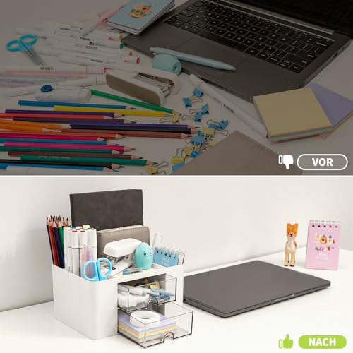 RISEMART Schreibtischorganisator mit 2 Schubladen, multifunktionaler Stifthalter für den Schreibtisch, Schreibtischorganisatoren und Aufbewahrung mit 5 Fächern, Desktop-Organizer für Büro