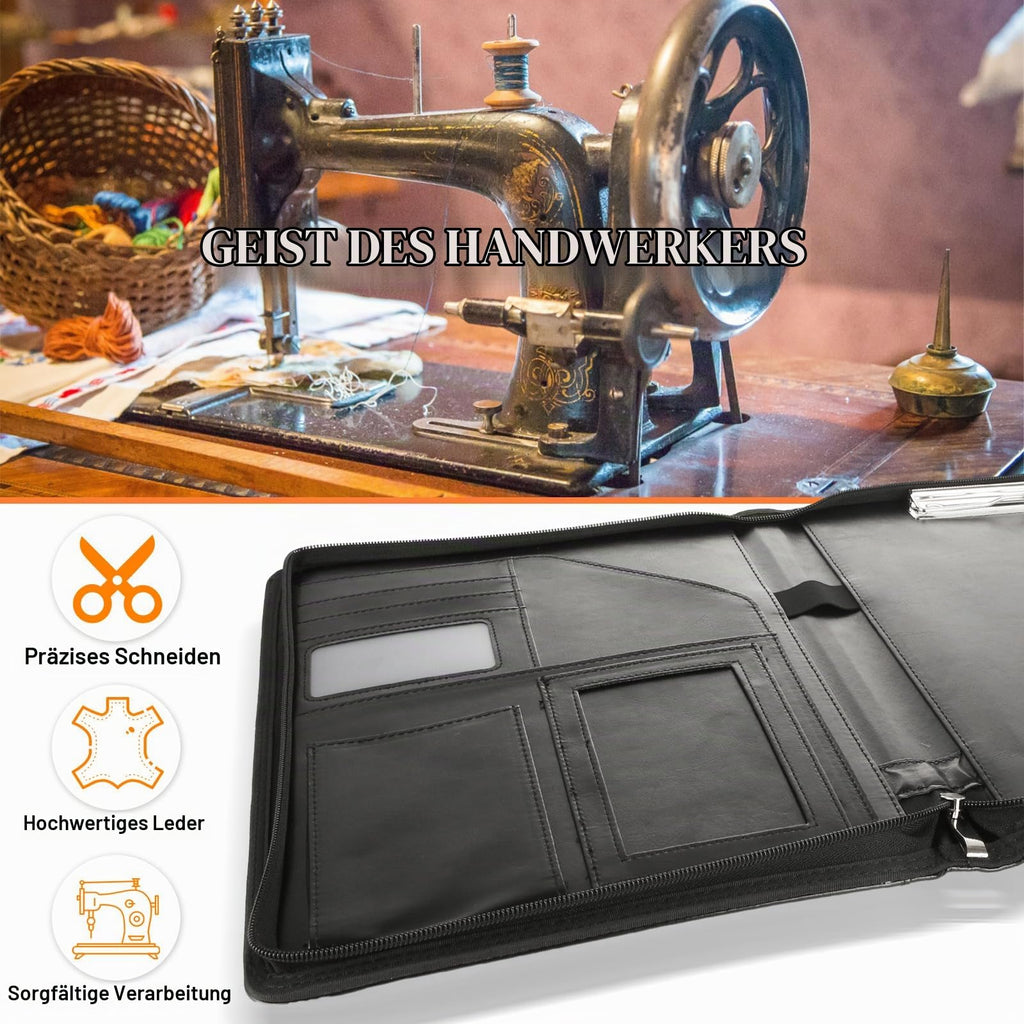 Konferenzmappe A4 PU Leder Multifunktional Wasserdicht Schreibmappe a4 mit Reißverschluss Schreibmappe Taschen Stifthalter und Karten Schwarz