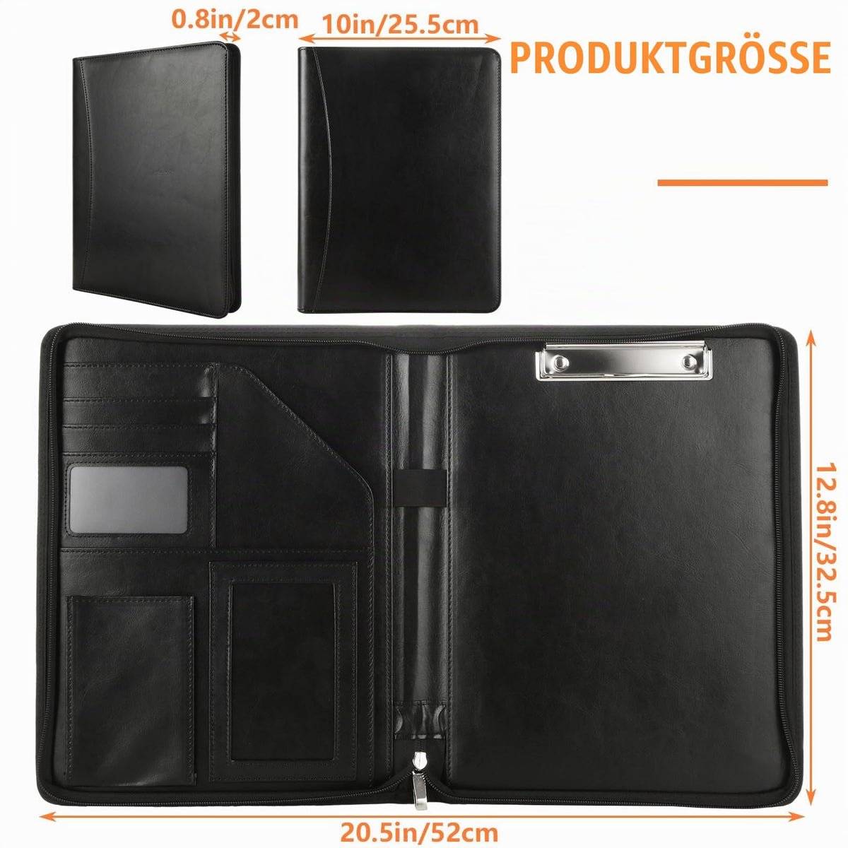 Konferenzmappe A4 PU Leder Multifunktional Wasserdicht Schreibmappe a4 mit Reißverschluss Schreibmappe Taschen Stifthalter und Karten Schwarz