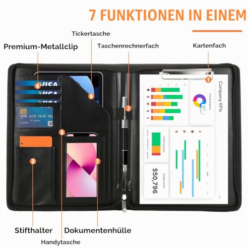 Konferenzmappe A4 PU Leder Multifunktional Wasserdicht Schreibmappe a4 mit Reißverschluss Schreibmappe Taschen Stifthalter und Karten Schwarz