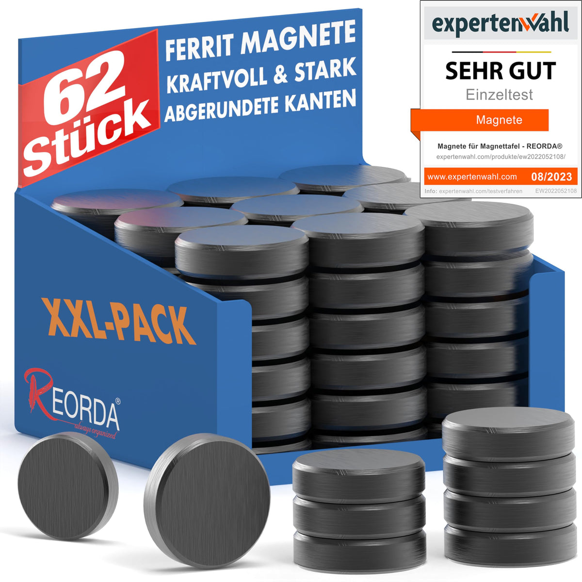 REORDA Magnete für Magnettafel - 62x Stück für Whiteboard, Pinnwand, als Kühlschrank Magnete & Tafelmagnete stark haftend, rund - Schwarz