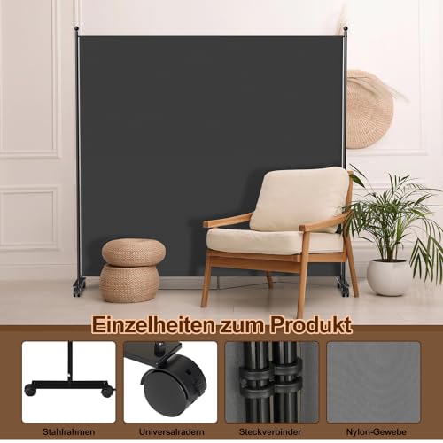 Paravent Raumteiler Klappbar Freistehend Trennwand auf Rollen - Umkleide Sichtschutz Raumtrenner 1 Teilig 187x181 cm für Büros, Balkon - Anthrazit