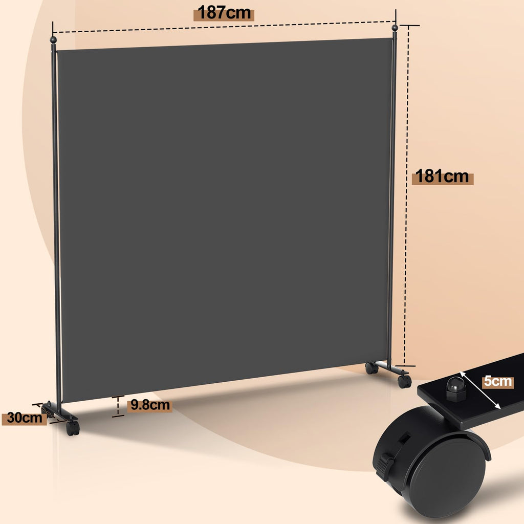 Paravent Raumteiler Klappbar Freistehend Trennwand auf Rollen - Umkleide Sichtschutz Raumtrenner 1 Teilig 187x181 cm für Büros, Balkon - Anthrazit