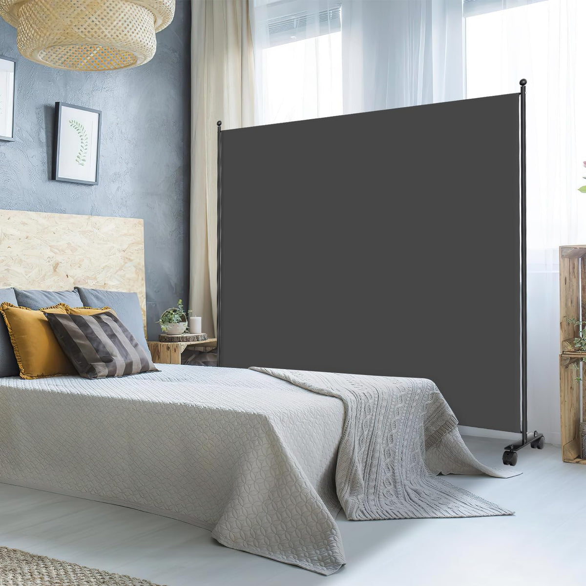 Paravent Raumteiler Klappbar Freistehend Trennwand auf Rollen - Umkleide Sichtschutz Raumtrenner 1 Teilig 187x181 cm für Büros, Balkon - Anthrazit
