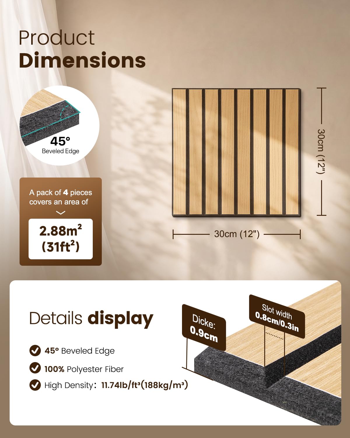 Soundsbay Akustikpaneele Selbstklebend 0.54 ㎡-6 Stück 30×30×0.9cm Oak