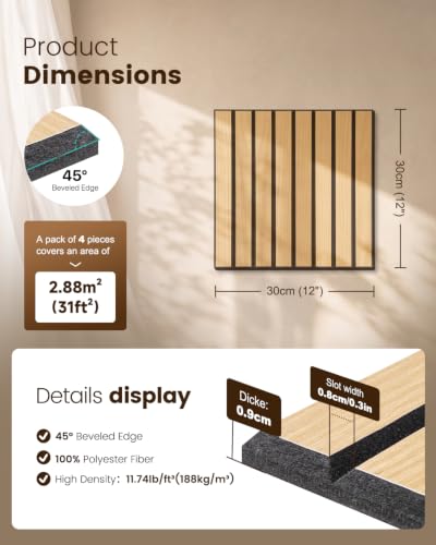 Soundsbay Akustikpaneele Selbstklebend 0.54 ㎡-6 Stück 30×30×0.9cm Oak