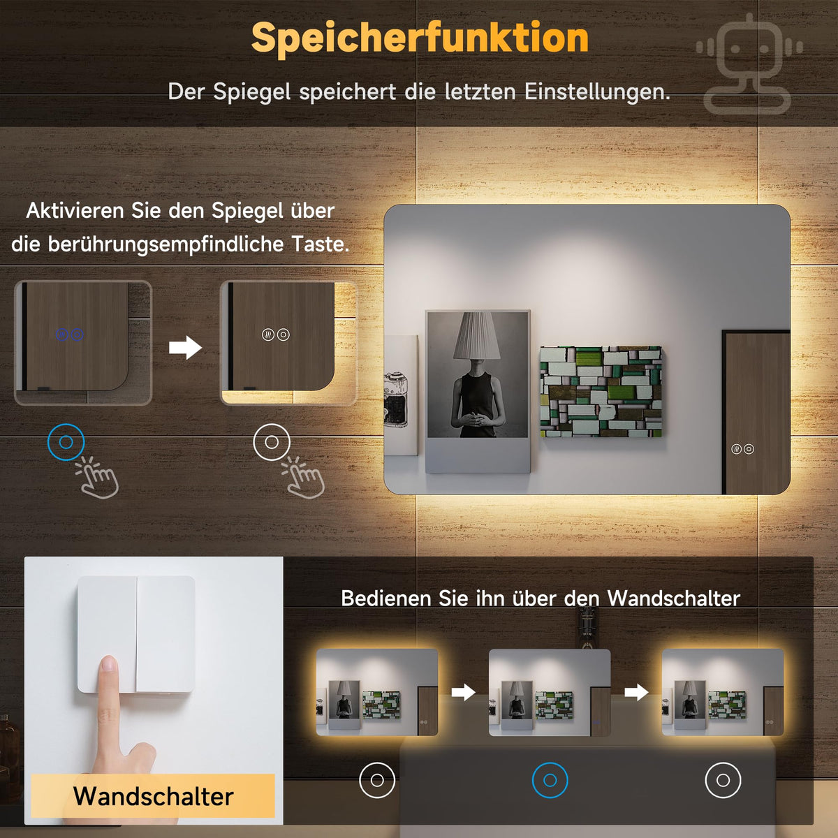 SONNI LED Badspiegel mit Hintergrundbeleuchtung 100x60 cm, Anti-Beschlag