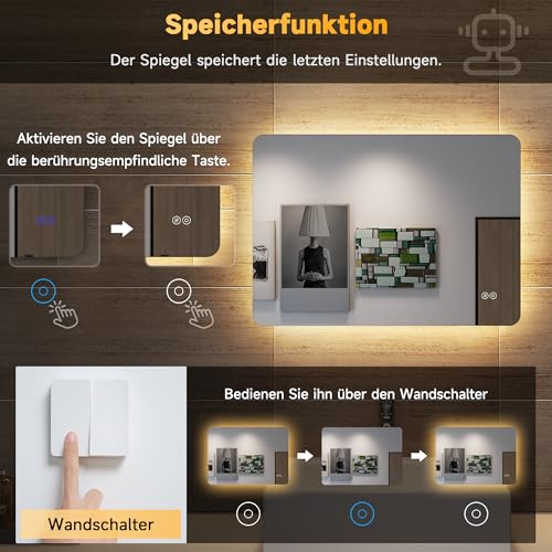 SONNI LED Badspiegel mit Hintergrundbeleuchtung 100x60 cm, Anti-Beschlag