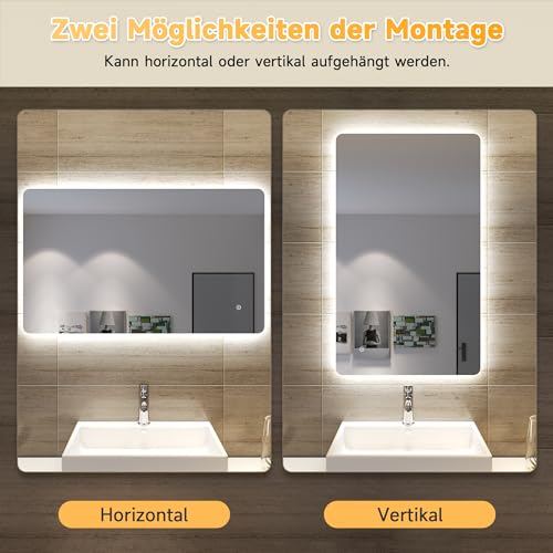SONNI LED Badspiegel mit Hintergrundbeleuchtung 100x60 cm, Anti-Beschlag