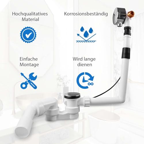 AQUADE Ab und Überlaufgarnitur Badewanne 40 / 50 mm mit Zulauf 3/4 Zoll - Badewanne Garnitur Chrom Komplettset mit Siphon Excenter Badewannenüberlauf Abdeckung und Siebeinsatz