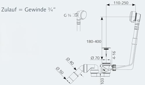 AQUADE Ab und Überlaufgarnitur Badewanne 40 / 50 mm mit Zulauf 3/4 Zoll - Badewanne Garnitur Chrom Komplettset mit Siphon Excenter Badewannenüberlauf Abdeckung und Siebeinsatz