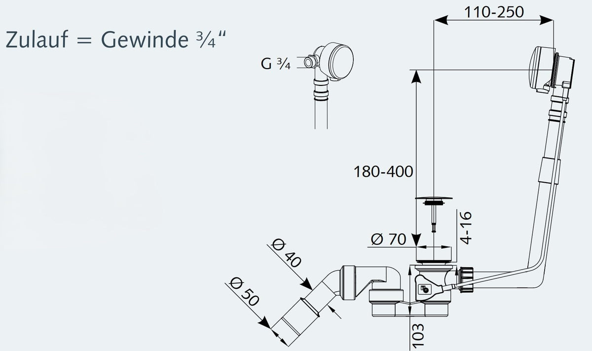 AQUADE Ab und Überlaufgarnitur Badewanne 40 / 50 mm mit Zulauf 3/4 Zoll - Badewanne Garnitur Chrom Komplettset mit Siphon Excenter Badewannenüberlauf Abdeckung und Siebeinsatz