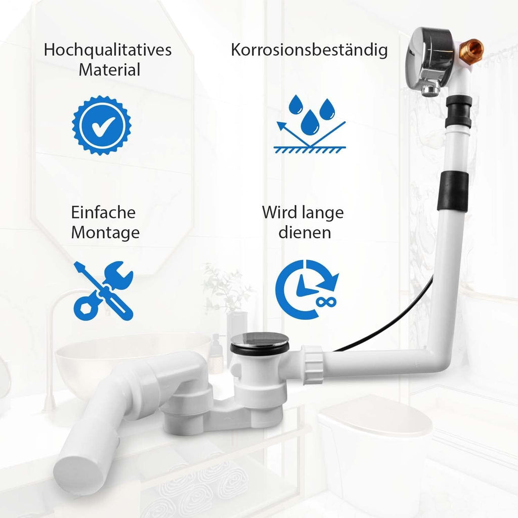 AQUADE Ab und Überlaufgarnitur Badewanne 40 / 50 mm mit Zulauf 3/4 Zoll - Badewanne Garnitur Chrom Komplettset mit Siphon Excenter Badewannenüberlauf Abdeckung und Siebeinsatz
