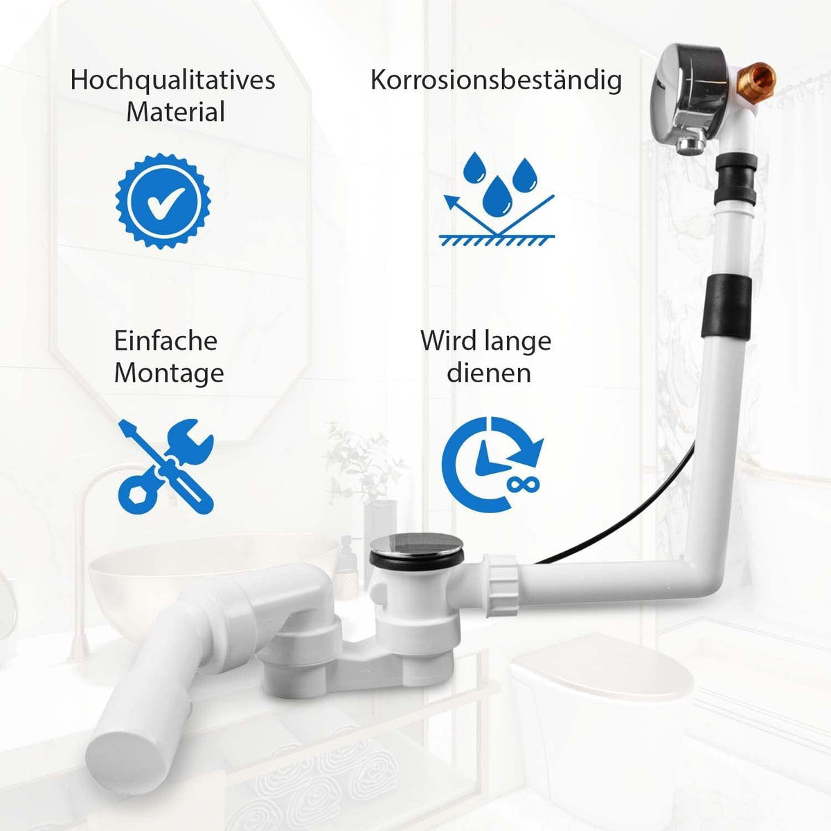AQUADE Ab und Überlaufgarnitur Badewanne 40 / 50 mm mit Zulauf 3/4 Zoll - Badewanne Garnitur Chrom Komplettset mit Siphon Excenter Badewannenüberlauf Abdeckung und Siebeinsatz