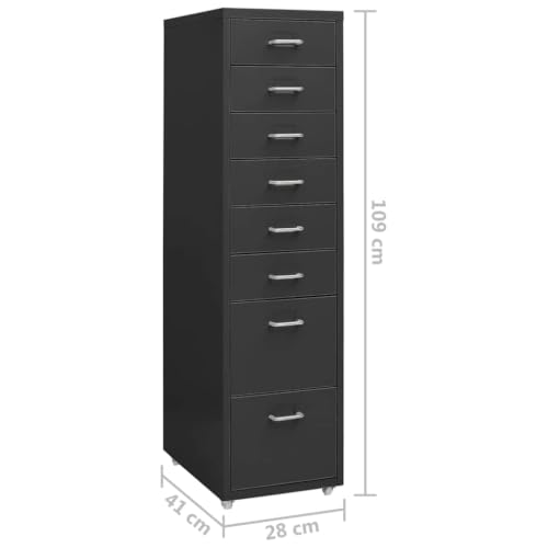 Aktenschrank mit Rollen Anthrazit Metall 28x41x109 cm Büroschrank mit 8 Schubladen und Metallgriff für Büro Arbeitszimmer Homeoffice zur Aktenablage und Dokumentenarchivierung